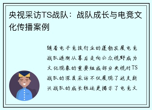 央视采访TS战队：战队成长与电竞文化传播案例